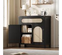 Garvee Piccolo armadietto da buffet in rattan da 75,9 cm, con contenitore, armadietto da cucina e bar con ante e cassetto, credenza Boho Farmhouse con ripiani regolabili e maniglia per soggiorno, nero