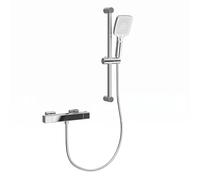 Garvee Rubinetto termostatico per doccia anti-scottatura con pulsante di sicurezza a 38 °C, asta doccia in acciaio inox regolabile in altezza, doccetta a 3 funzioni, tubo da 1,5 m, set completo