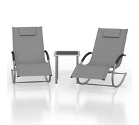 Garvee Set 3 Pezzi Sdraio da Giardino con Tavolino e Cuscini, Lettino Prendisole Pieghevole in Metallo per Esterno, Poltrona Relax Reclinabile per Patio Balcone Piscina, Grigio