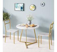 Garvee Set Tavolo da Pranzo Rotondo 3 Pezzi per 2 Persone - Design Moderno Compatto - 2 Sedie Imbottite, Tovagliette Resistenti Calore - Struttura Metallo, Piano Effetto Marmo