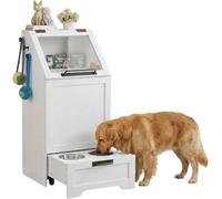 Garvee Stazione pappa per cani con mobile contenitore per crocchette | Coperchio Ribaltare-Top，2 ciotole rialzate, organizer nascosto con ganci per accessori, design moderno, bianco
