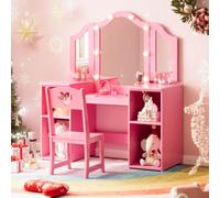 Garvee Tavolo da toeletta 2 in 1 con principesse per bambini, perfetto | Specchio pieghevole triplo con luce touch, grande spazio per riporre oggetti e specchio rimovibile, in legno robusto con