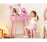 Garvee Tavolo da Toeletta Bambini con Specchio Orso e Luci - Sgabello e Cassetti - Set Trucco in Legno per Principesse - Ideale Camera da Letto e Gioco - Rosa