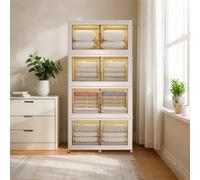 GarveeHome 4-Tier Stackable Storage Cabinet with Doors, 4x145L Collapsible Plastic Bins on Wheels - Large Collapsible Organizer for Kitchen, Bedroom, Office - Cream White