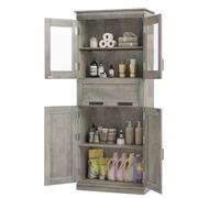 GarveeHome Armadietto da bagno alto, autoportante con ante in vetro e ripiani regolabili, armadio alto con cassetto per dispensa, cucina, soggiorno, grigio
