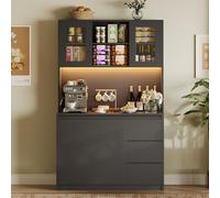 GarveeHome Armadietto da cucina alto 180,3 cm, con luci a LED e prese di corrente, supporto per microonde, porta in vetro, ripiani regolabili, design senza mani, nero