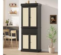 GarveeHome Armadietto da cucina alto con ante in rattan e ripiani regolabili, armadio indipendente con cassetto per bagno, sala da pranzo, soggiorno, nero