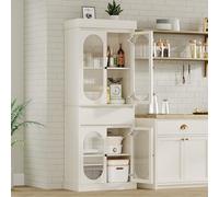GarveeHome Armadietto da cucina alto con ante in vetro e ripiani regolabili, armadio indipendente con cassetto per bagno, sala da pranzo, soggiorno, bianco