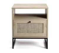 GarveeHome Boho Rattan Bedside Table with Drawer & Open Shelf, Modern Farmhouse Bedside Table/End Table, Metal Legs, Compact Storage for Small Bedroom or Living Room - Light Oak/Black