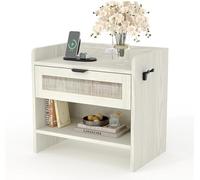 GarveeHome Boho Rattan Bedside Table with Type-C Charging Station - Bedside Table with 1 Storage Drawer & Open Shelf - End Table for Bedroom, Living Room or Office - Color: Milky White