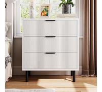 GarveeHome Comò scanalato a 3 cassetti, comodino in legno alto 76 cm, cassettiera moderna, ampio tavolino con gambe in metallo nero, per camera da letto, corridoio, soggiorno, ingresso, bianco