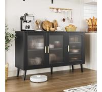 GarveeHome Credenza da buffet, 122 cm, credenza da cucina con 3 ante in vetro scanalate, ripiani rimovibili, armadio decorativo nero Credenza per soggiorno, sala da pranzo, cucina