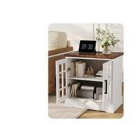 GarveeHome Farmhouse 24" End Table/Bedside Table with Charging Station - Square Wood Side Table, Double Tempered Glass Doors - Adjustable Shelf & Storage for Living Room/Bedroom/Office - Color: White