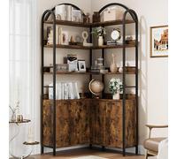 GarveeHome L-Shaped Corner Bookshelf with Cabinet Doors - 74" Tall 6-Tier Rustic Bookcase with Metal Frame & Arched Design for Living Room, Home Office - Vintage Color