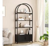 GarveeHome Libreria a 4 ripiani, libreria ad arco con ante, altezza 180 cm, scaffale industriale con robusta struttura in metallo e tavole di qualità, scaffale autoportante per studio, nero