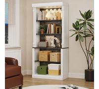 GarveeHome Libreria alta con 5 ripiani aperti, design a colonna romana e 4 luci regolabili, bianco e nero con venature del legno per casa, ufficio, soggiorno