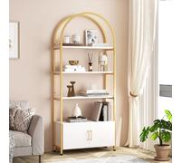 GarveeHome Libreria dorata, scaffale ad arco con struttura in metallo Studry e tavola di qualità, libreria moderna con ripiani aperti a 4 livelli per soggiorno, libreria con ante, scaffale per libri