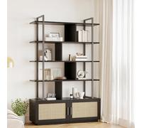 GarveeHome Libreria in rattan, altezza 180 cm, libreria industriale con porta portaoggetti, librerie e librerie con ripiani aperti, libreria a 5 ripiani con struttura in metallo per soggiorno