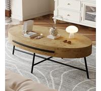 GarveeHome Mid-Century Modern Oval Coffee Table with Storage Drawer - 47.2" Wooden Center Table, Cross Metal Legs & Curved Design for Living Room - Golden Willow Core, Single Drawer