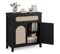 GarveeHome Mid-Century Modern Rattan Sideboard Cabinet with Drawer & Adjustable Shelves - Boho Farmhouse Buffet for Living Room, Dining Room, Entryway - Black Wood Grain