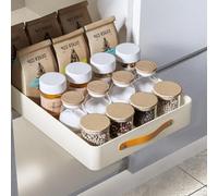 GarveeHome Organizer per cassetti estraibile per mobili da cucina, scaffale a rotelle resistente, cassetto autoadesivo senza fori, in acciaio inox, bianco, 39 x 48 cm, scatola portaoggetti estraibile