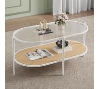 GarveeHome Oval Rattan Coffee Table with Water-Wave Tempered Glass Top - 2-Tier Open Storage Shelf - Reinforced Metal Frame, Modern Boho Farmhouse Center Table - Color: White+Yellow