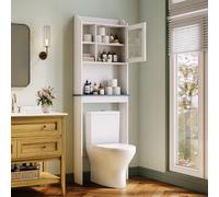 GarveeHome Over-the-Toilet Storage Cabinet, Freestanding Bathroom Space Saver - Adjustable Shelves - Tempered Glass Door - Waterproof MDF - Open Storage - Anti-Tip - White