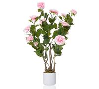 GarveeHome Pianta artificiale di camelia (75/85/90/110/120 cm), pianta artificiale di camelia con 16/20/24 fiori, pianta artificiale in vaso per casa, porta d'ingresso, interni ed esterni