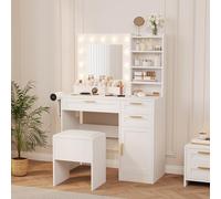 GarveeHome Scrivania con specchio e luci, set da trucco con cassetti, armadio e sedia, 3 modalità di illuminazione e luminosità regolabile e presa di corrente, tavolo da toeletta con supporto per