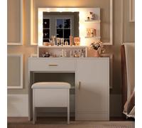 GarveeHome Scrivania con specchio e luci, tavolo da trucco con grandi cassetti e 3 ripiani e ripiani aperti, tavolo da toeletta per camera da letto, bianco