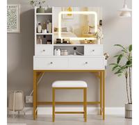 GarveeHome Scrivania per trucco con specchio, scrivania con luci in 3 colori, tavolo da trucco per ragazze con stazione di ricarica, 4 cassetti, 6 ripiani per camera da letto, oro bianco