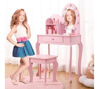 GarveeHome Set da toeletta per bambine con luce e specchio, tavolo da trucco e sgabello per bambini, set da gioco Dressup in legno per 4-9 anni, rosa