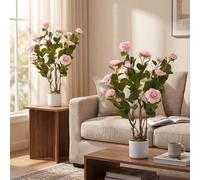 GarveeHome Set di 2 camelie artificiali (75/85/90/110/120 cm), pianta artificiale di camelia con 16/20/24 fiori, pianta artificiale in vaso per casa, porta d'ingresso, interni ed esterni