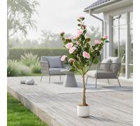 GarveeHome Set di 2 camelie artificiali (75/85/90/110/120 cm), pianta artificiale di camelia con 16/20/24 fiori, pianta artificiale in vaso per casa, porta d'ingresso, interni ed esterni