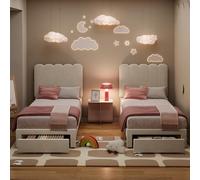 GarveeHome Set di 2 cornici per letto matrimoniale con cassetto sotto il letto, piattaforma imbottita in velluto bianco con testiera ondulata per bambini/ragazze, supporto a doghe in legno, non è