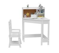 GarveeHome Set di scrivania e sedia per bambini, tavolo da studio angolare in legno con libreria, bacheca e portapenne, tavolo da scrittura per ragazzi e ragazze, bianco