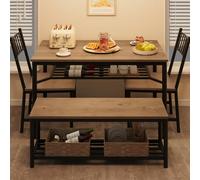 GarveeHome Set di tavolo da pranzo per 4, tavolo da cucina e sedie per 4 con portabottiglie e panche, tavolo da cucina rettangolare per piccoli spazi, appartamento, grigio retrò