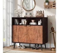 GarveeHome Sideboard Buffet Cabinet with Burl Texture - Adjustable Shelves & Open Compartments - Farmhouse Coffee Bar Storage for Dining Room, Living Room, Hallway - Barn Doors - Walnut Cabinet