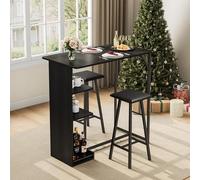 GarveeHome Space-Saving 3-Piece Bar Table Set with 3 Storage Shelves - Dining Table and 2 Stools for Kitchen or Apartment - Industrial Style Furniture - Black + Black Tube (Cushion)