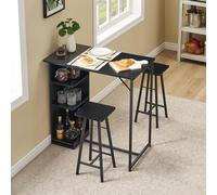 GarveeHome Space-Saving 3-Piece Black Dining Table Set for 2 - Kitchen Table and Stools with Storage Shelves Small Apartments, Breakfast Nooks, or Home Bars - Modern Dining Furniture - Black