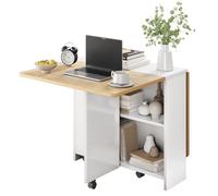 GarveeHome Space-Saving Folding Drop Leaf Dining Table with 6 Wheels & 2-Tier Storage Shelf - Collapsible Kitchen Table for Small Spaces, Natural Wood Top with White Cabinet (47.2"L x 23.6"W x 29.5"H)