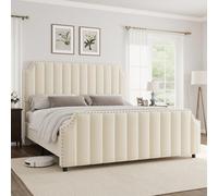 GarveeHome Struttura letto queen size con testiera da 127,5 cm, imbottita in velluto, con testiera e pediera trapuntata a canali verticali, finiture a chiodo, senza bisogno di molle, color crema