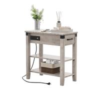 GarveeHome - Tavolino ausiliario con stazione di ricarica, tavolino stretto a 3 livelli con cassetto e tavolino ausiliario di stoccaggio, tavolino in legno per soggiorno, camera da letto, ufficio