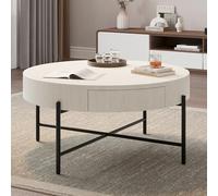 GarveeHome Tavolino rotondo con cassetti, tavolo rotondo da fattoria con contenitore in legno, tavolo centrale naturale per soggiorno (bianco)
