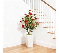 GarveeLife Albero artificiale di camelia con vaso bianco, 120 cm, grande pianta artificiale in vaso con foglie e fiori regolabili, decorazione per casa, matrimonio, festa, giardino, rosso
