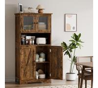 GarveeMore Freestanding Pantry Storage Cabinet with Glass Doors - Adjustable Shelves - Modern Farmhouse Wooden Cupboard for Kitchen, Bathroom, Entryway, Living Room - Brown