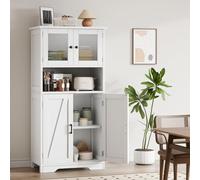 GarveeMore Freestanding Pantry Storage Cabinet with Glass Doors - Adjustable Shelves - Modern Farmhouse Wooden Cupboard for Kitchen, Bathroom, Entryway, Living Room - White