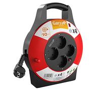 Garza - Avvolgicavo 10 m Domestico 3G Interno, 4 Prese con Messa a Terra, Protezione Bambini, Sovratensione e Surriscaldamento, Tamburo Elettrico Avvolgibile Rosso e Nero