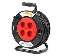 Garza - Avvolgicavo 15 m rosso e nero, 4 prese Schuko, sicurezza bambini, protezione da sovratensioni e surriscaldamento