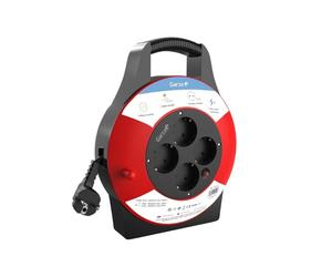 Garza - Avvolgicavo domestico per interni rosso e nero, 4 prese con messa a terra, cavo da 10 metri, protezione da sovratensione e surriscaldamento, protezione bambini, garanzia di 3 anni